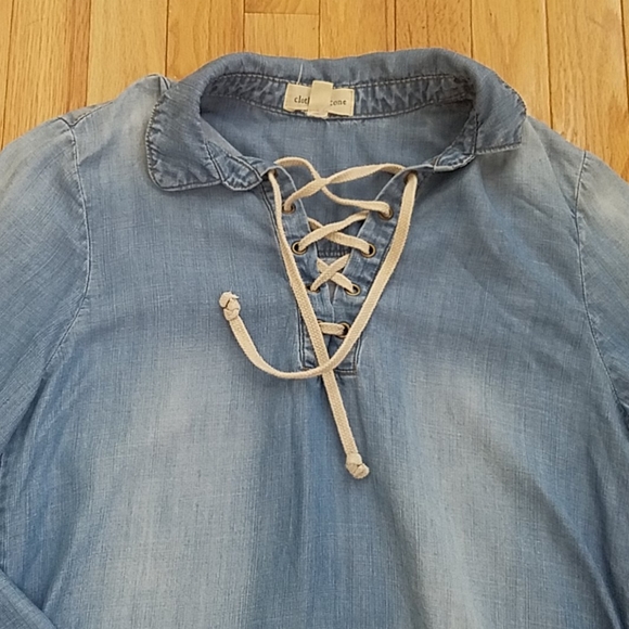 Cloth & Stone Womens Top S Chambray Lace Up Cottagecore Peasant Boho Soft Denim - Picture 2 of 8